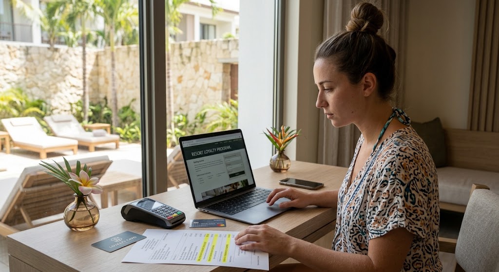A woman at a desk comparing a resort loyalty program on her laptop with a pricing document to avoid extra spa fees.