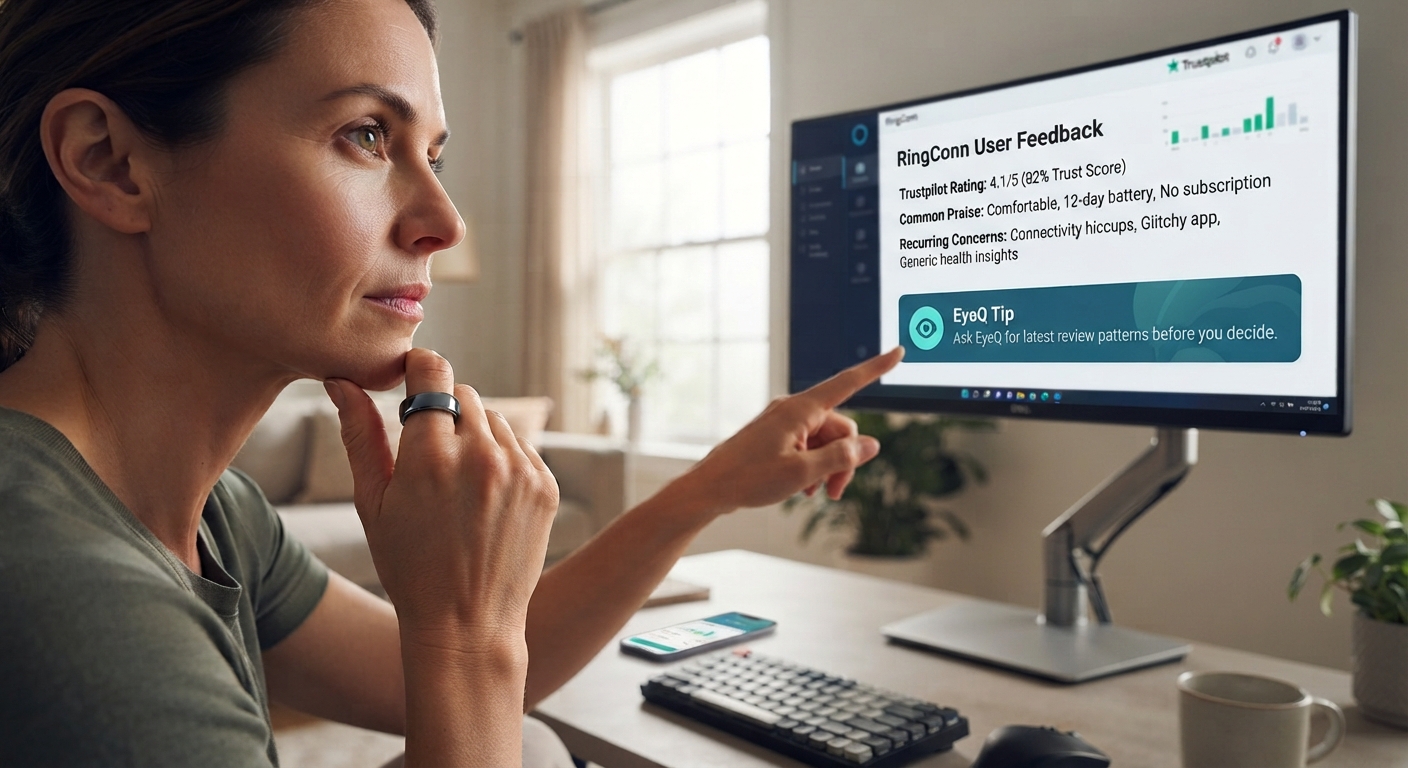 A woman at a desk with a smart ring points to a computer screen displaying user feedback scores and an EyeQ tip about reviews.