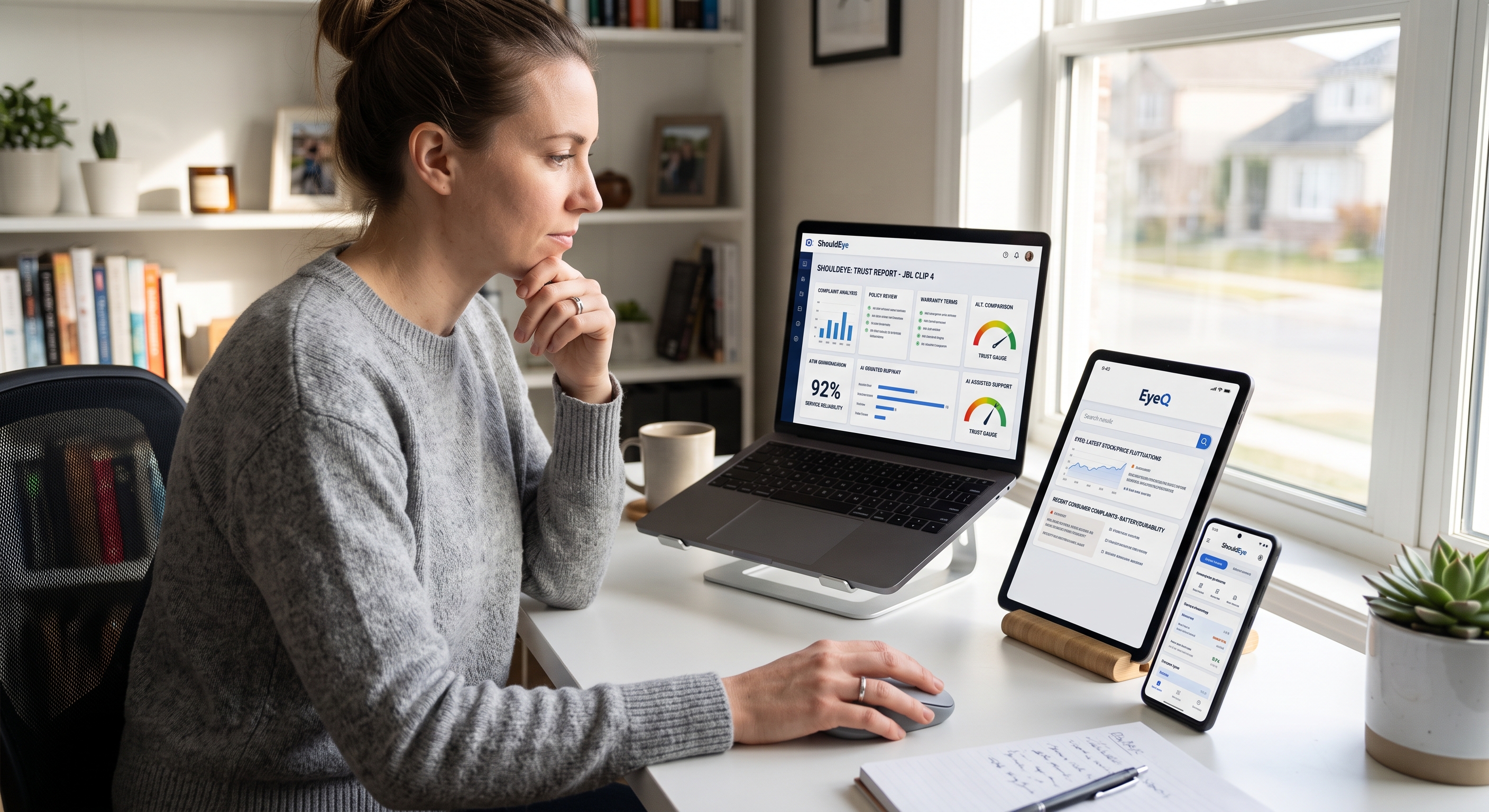A woman at a bright desk reviews trust reports for products on a laptop, tablet, and smartphone.