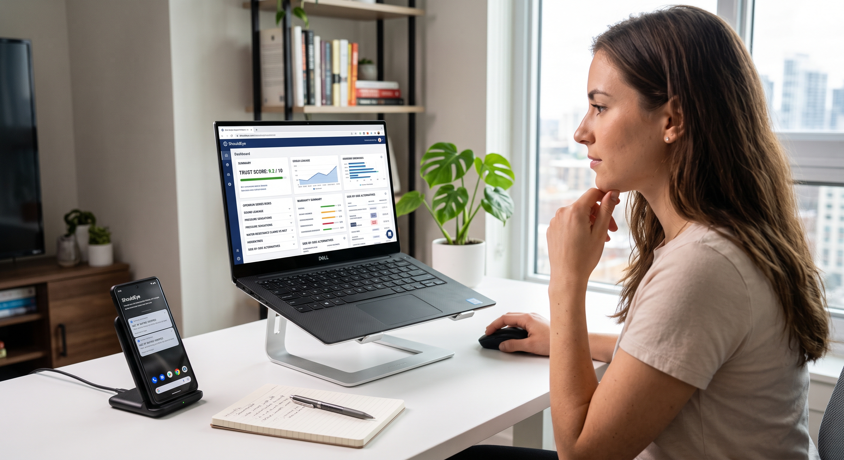 A woman at a desk in an apartment uses a laptop on a stand, which shows data like "TRUST SCORE: 9.2/10," alongside a phone on a charger.