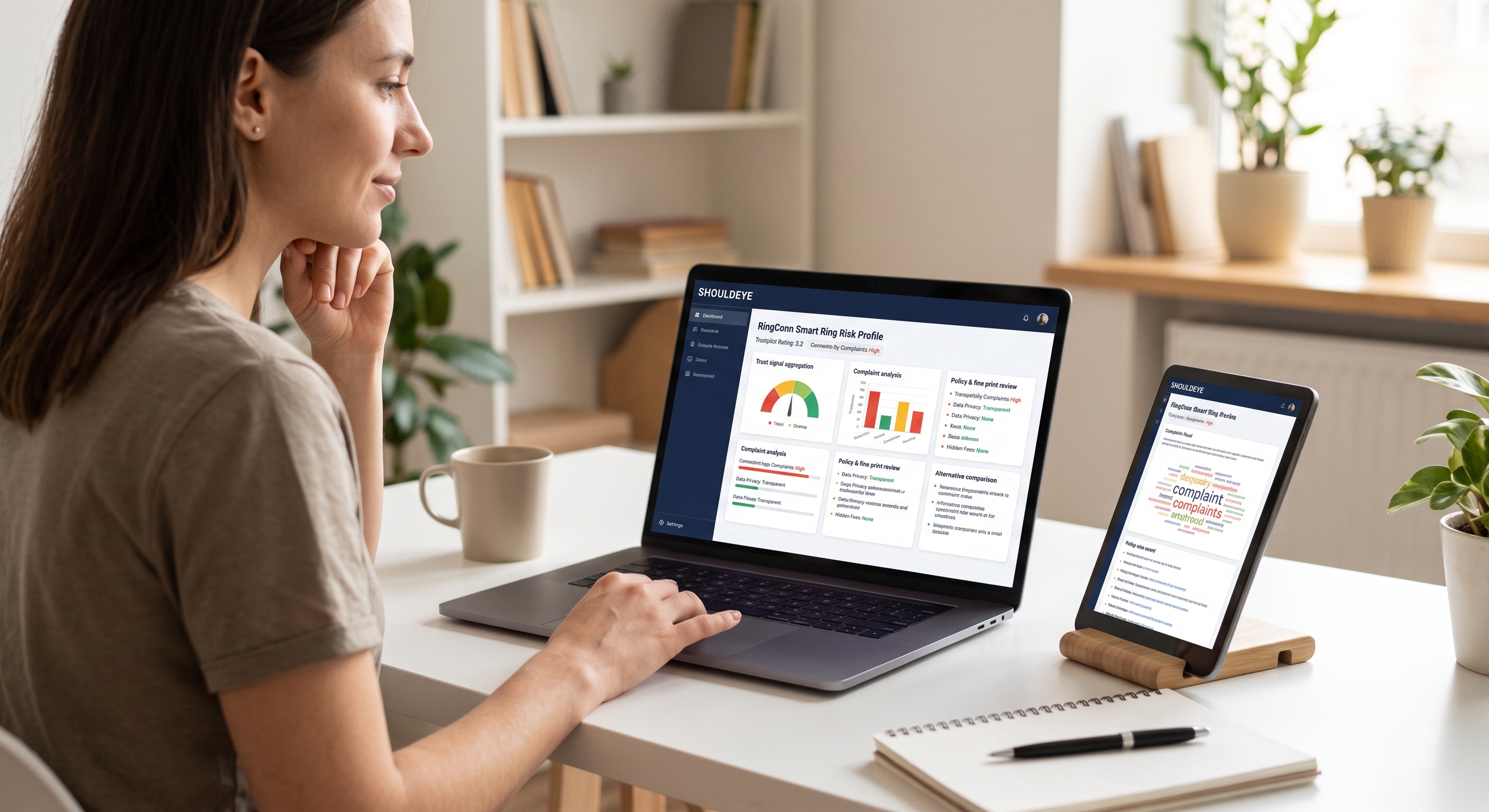 A woman reviews data on a laptop and tablet, comparing a RingConn Smart Ring. The laptop has a risk profile and the tablet has a word cloud.
