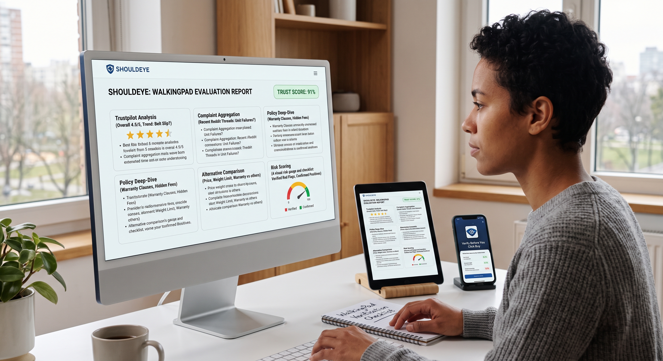 A woman reviews a WalkingPad evaluation report on a computer screen, with a tablet and smartphone on her desk.