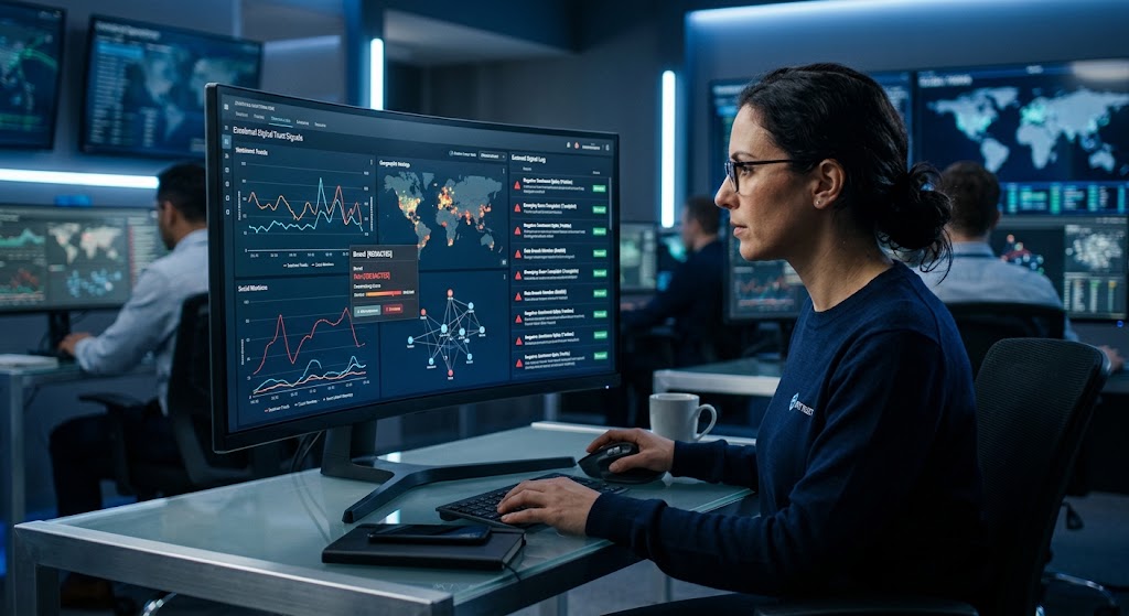 A woman in a security center monitors a complex data dashboard with graphs, maps, and network links on a curved screen.