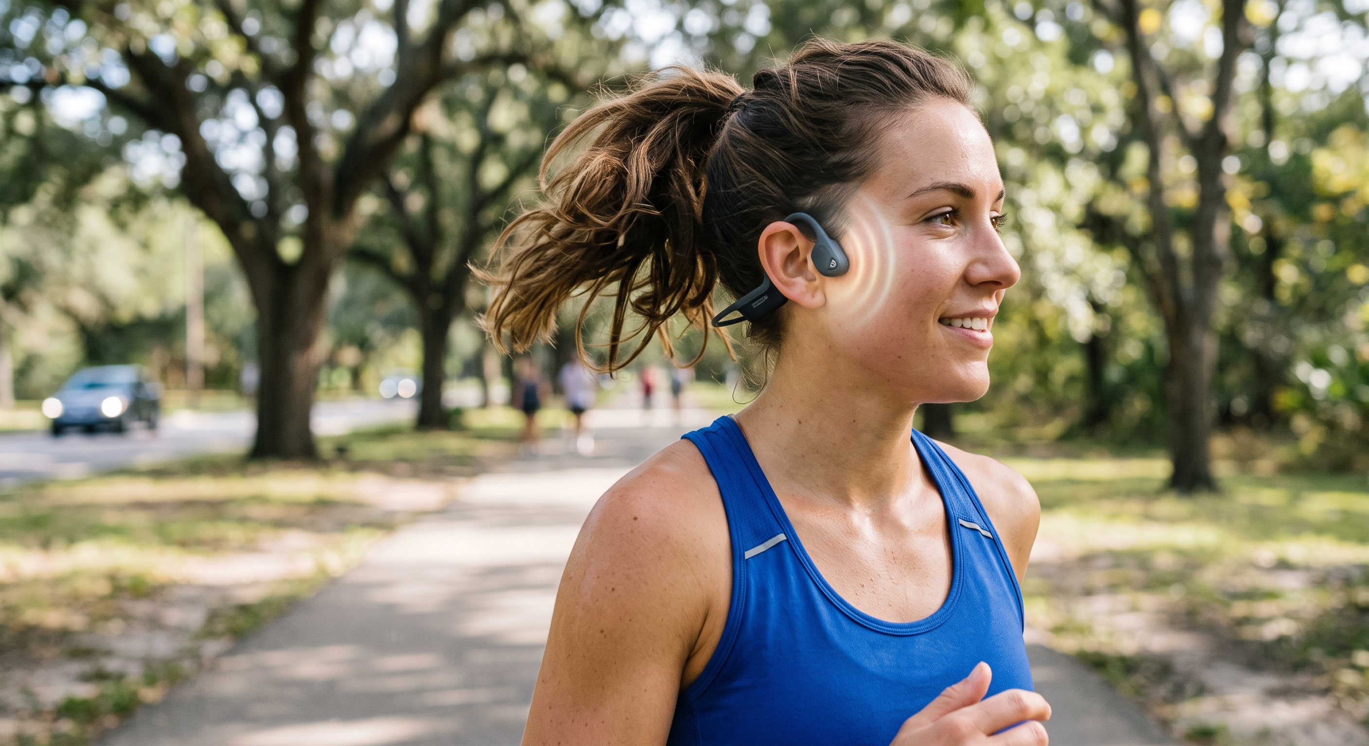 A woman in a blue tank top runs on a tree-lined path. A bone conduction headphone is on her head, with small lines showing sound around the ear.