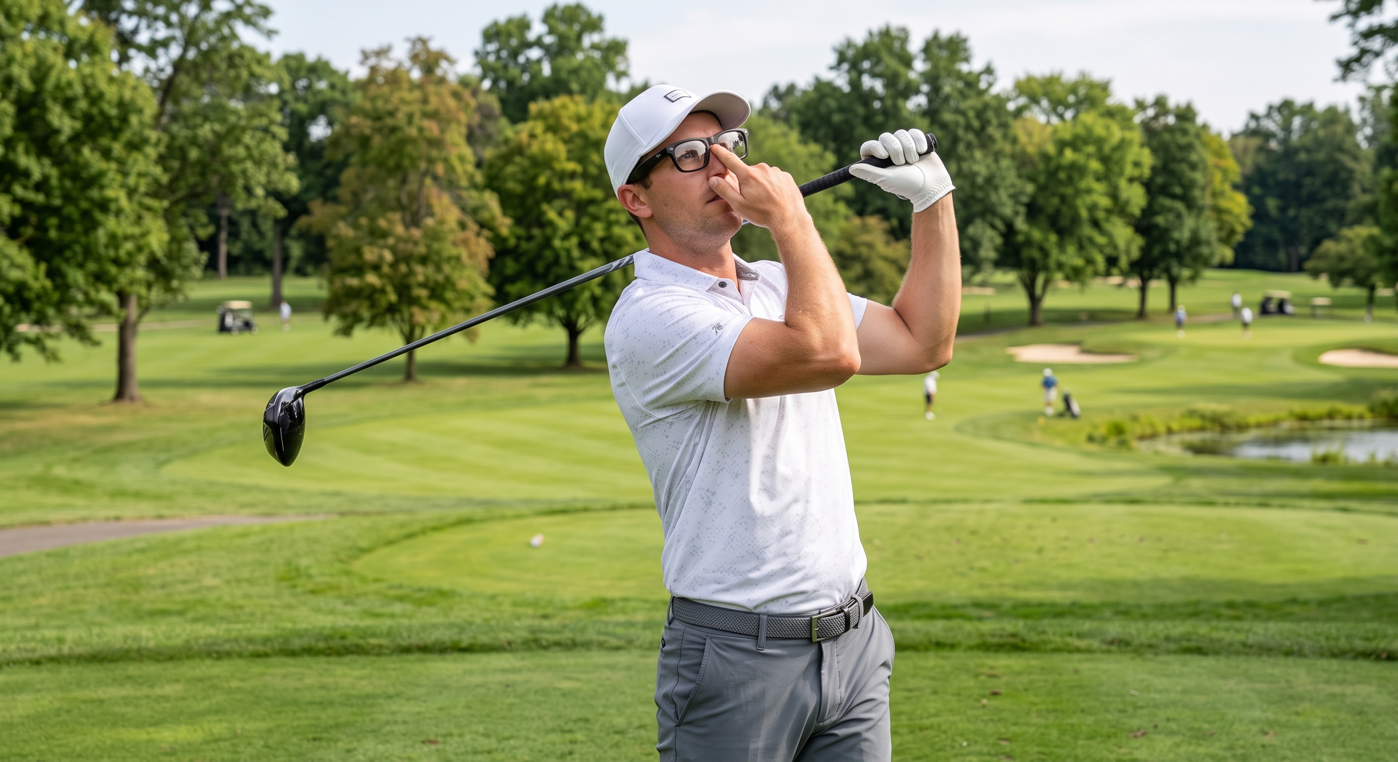 A man in a white polo and cap adjusts his smart glasses on the nose bridge while holding a golf club on a green course.