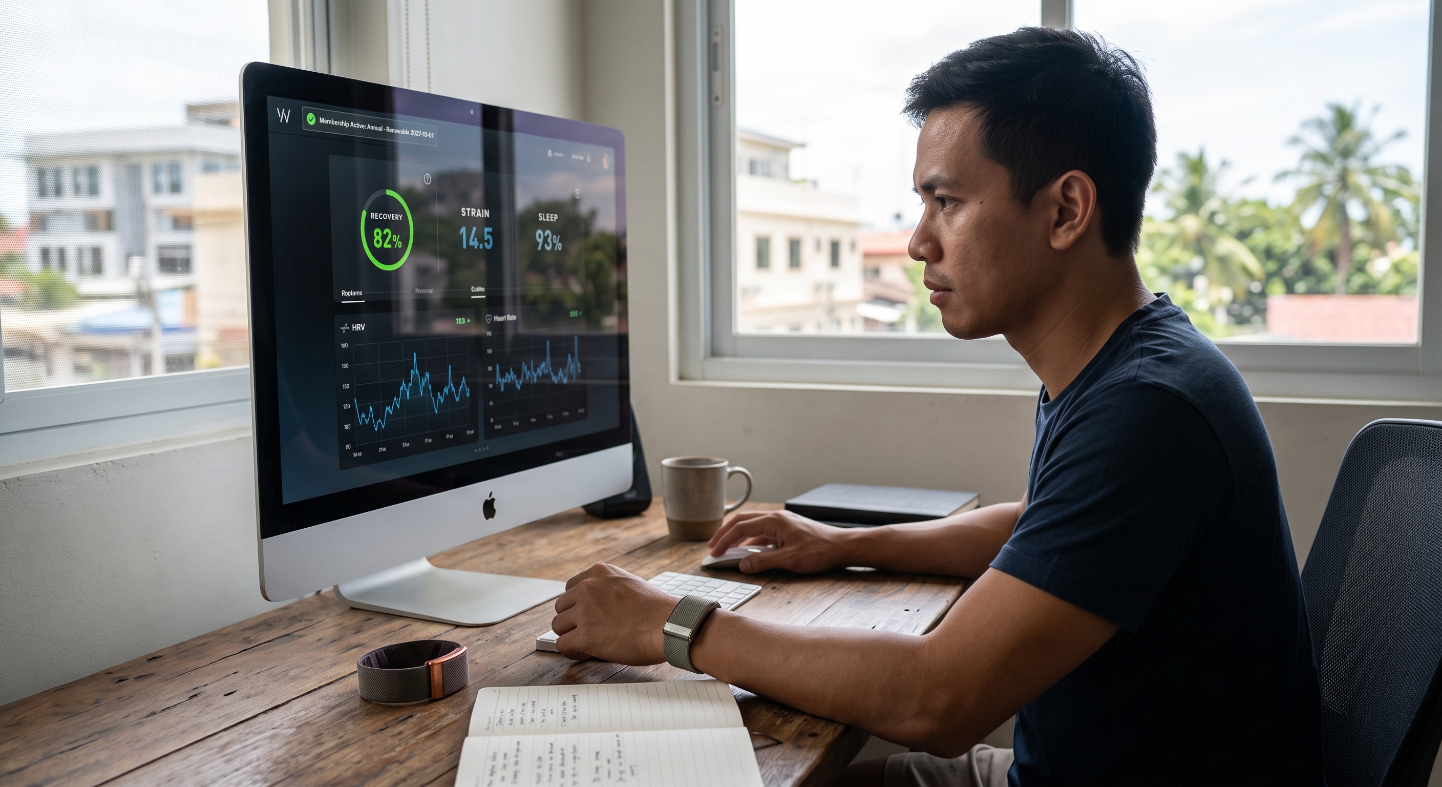 A man wearing a WHOOP band works on a computer displaying health metrics like recovery, strain, and sleep tracking.