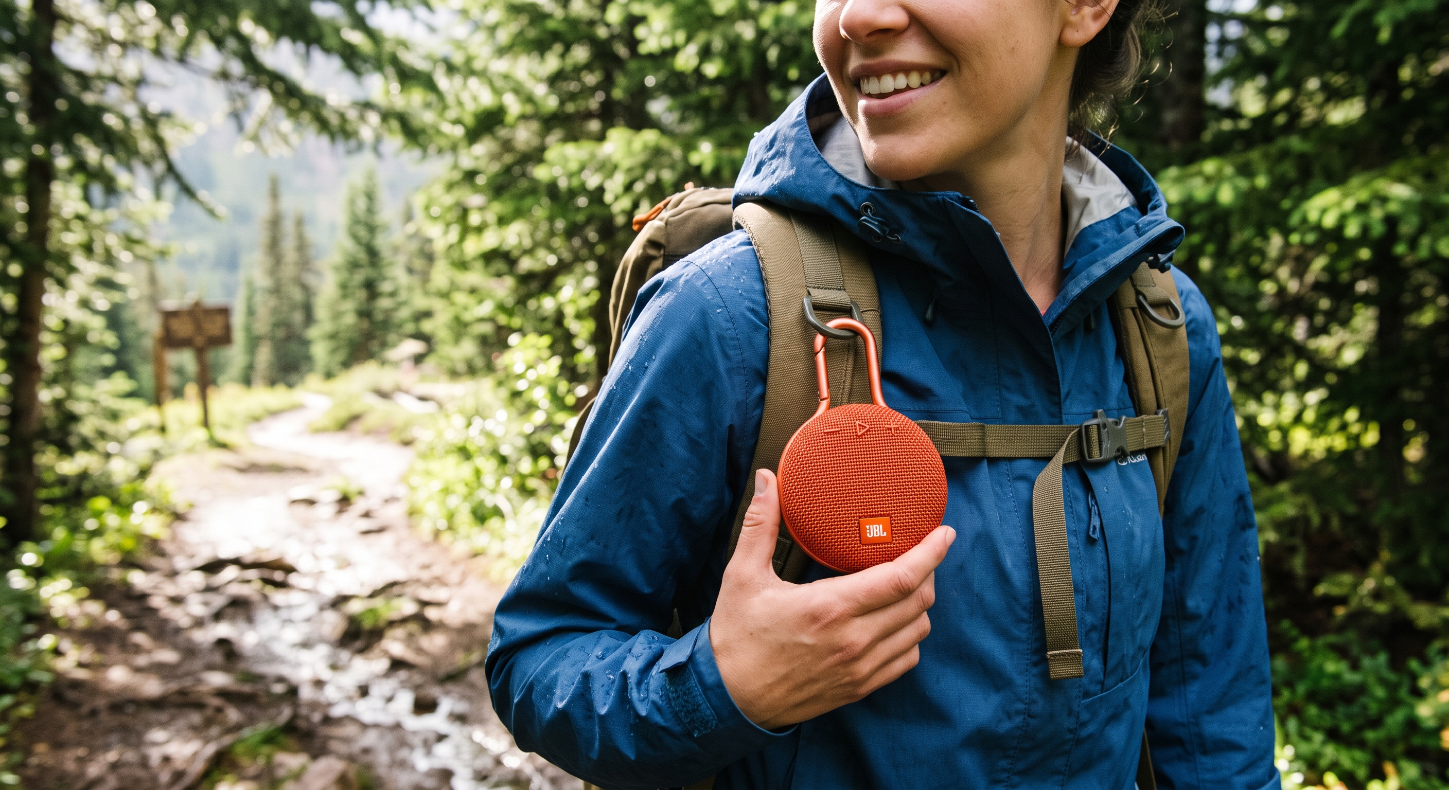 A smiling hiker in a blue jacket holds an orange JBL Clip speaker attached to her backpack in a sunny, wooded trail.