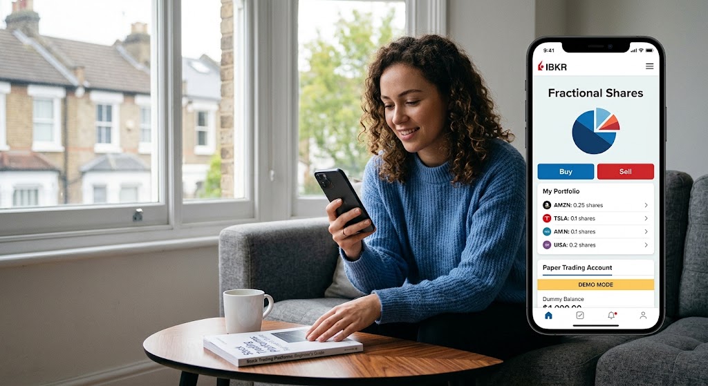A beginner investor sits in a living room holding a smartphone that displays fractional shares and paper trading tools.
