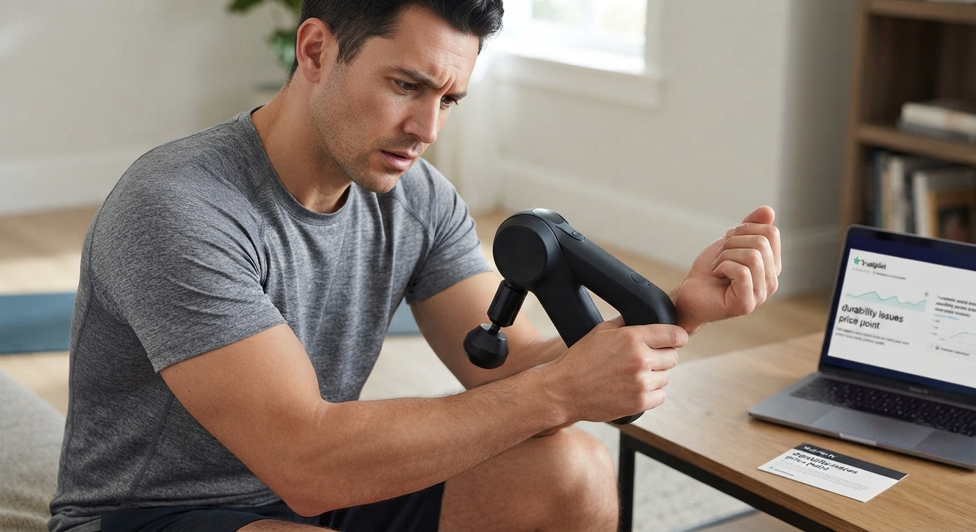 A man in a grey shirt looks at a black massage gun he holds to his wrist, next to a laptop displaying performance data.
