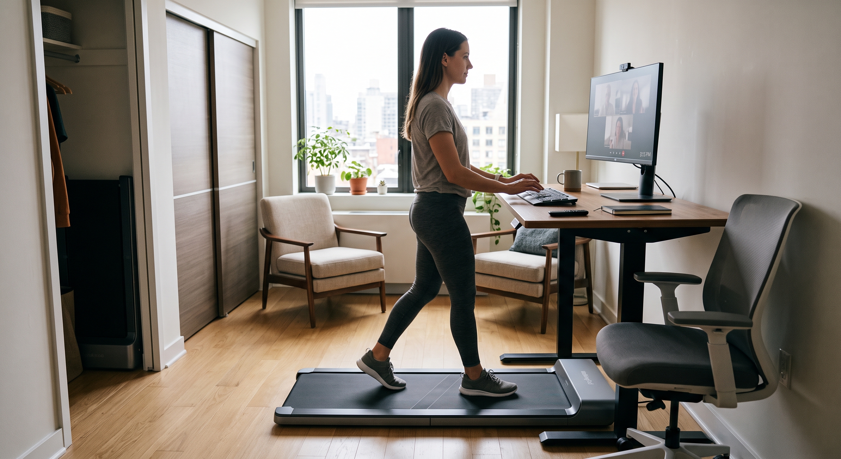 A woman in activewear walks on an under-desk treadmill in her home office while typing at a computer during a video call.