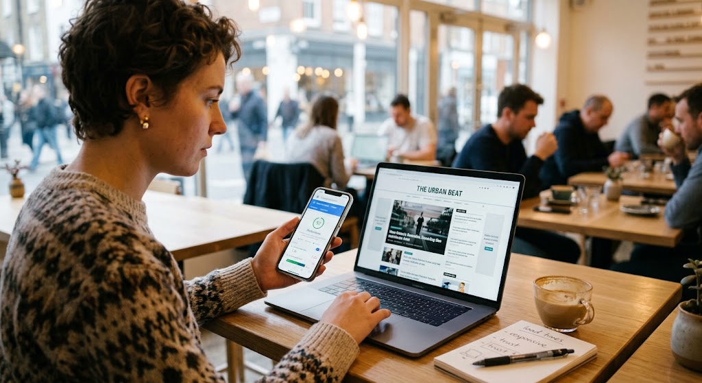 A user in a cafe holds a phone displaying a page speed score next to a laptop showing a clean, fast-loading news site.