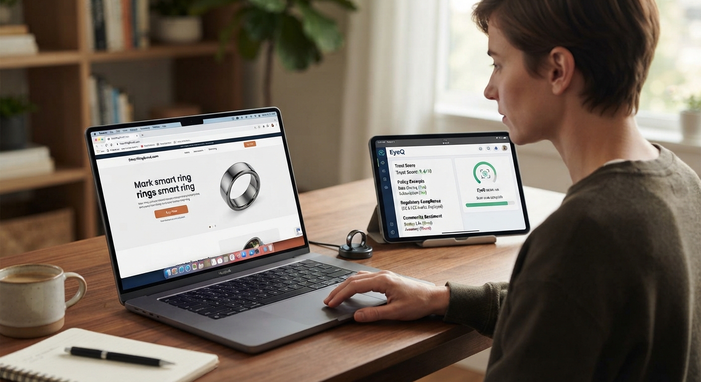A person sitting at a desk uses a laptop showing a smart ring product website and a tablet displaying the EyeQ trust score.