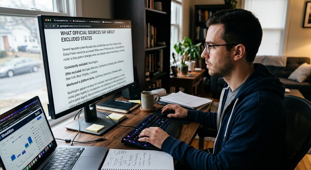 A man at a desk reviews a website listing excluded online poker states on a computer monitor with ShouldEye on a laptop.