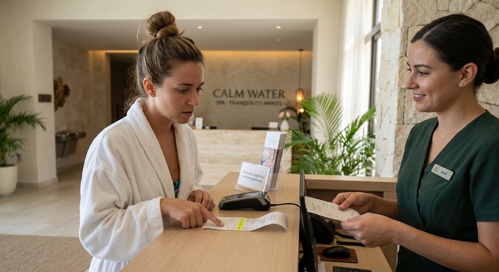 Spa guest in a bathrobe examining a receipt with a hidden service charge line item at a luxury resort reception desk.