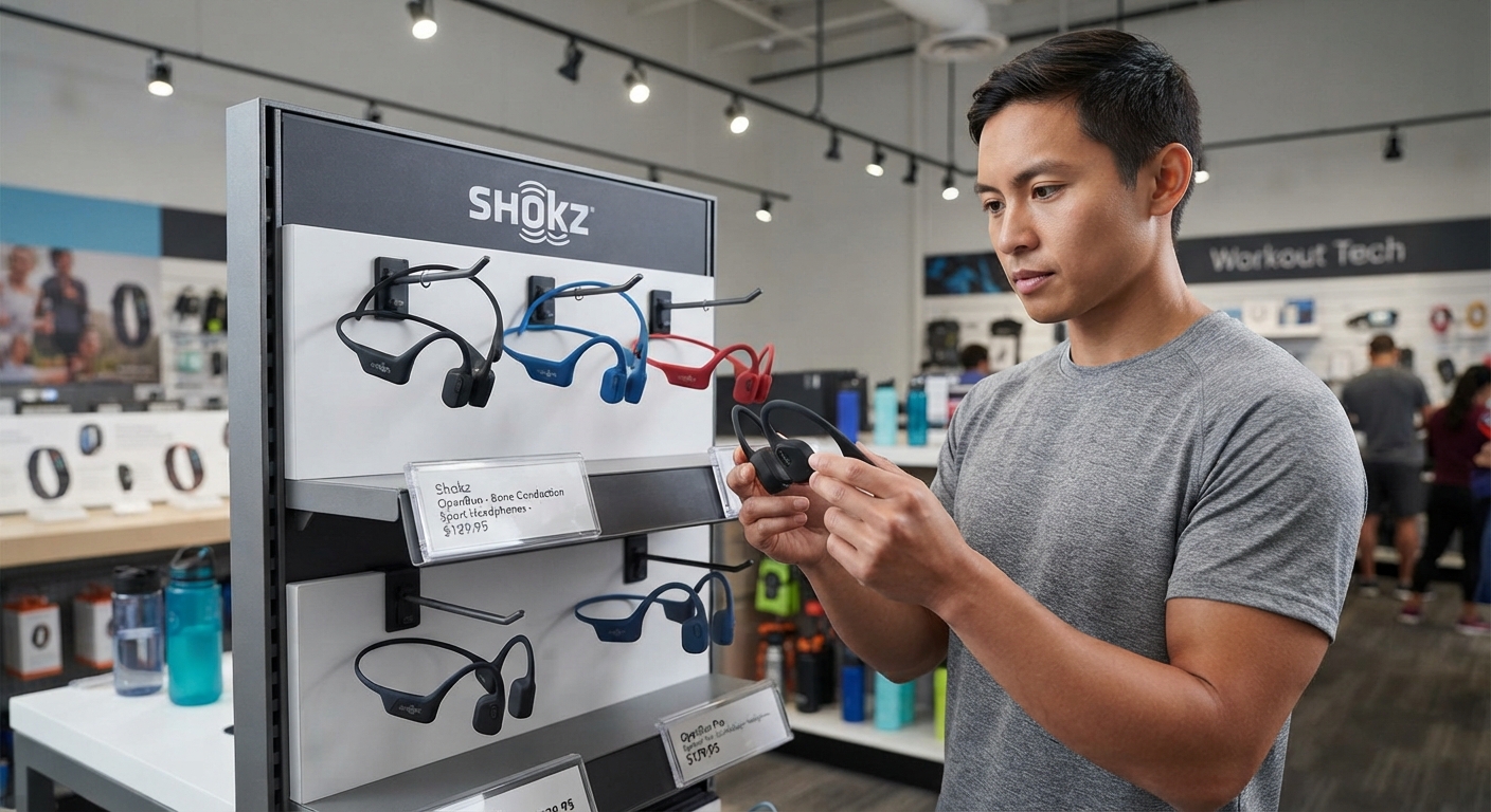 A man in a grey shirt examines Shokz OpenRun bone conduction headphones at a retail display showing the $129.95 price.