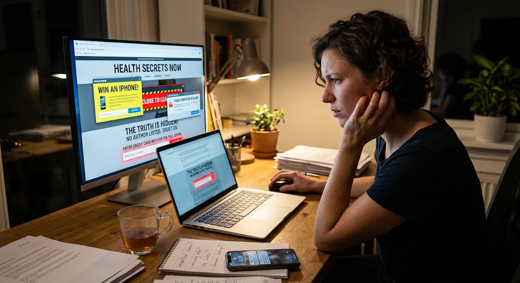 A woman looks skeptically at a desktop computer screen filled with intrusive pop-up ads, warnings, and missing author info.