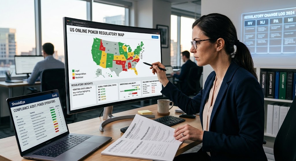 A compliance analyst checks a US online poker regulatory map on a screen next to a ShouldEye laptop display.
