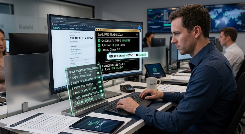 A trader runs an EyeQ pre-trade scan on a computer monitor displaying a risk checklist before event contract trading.