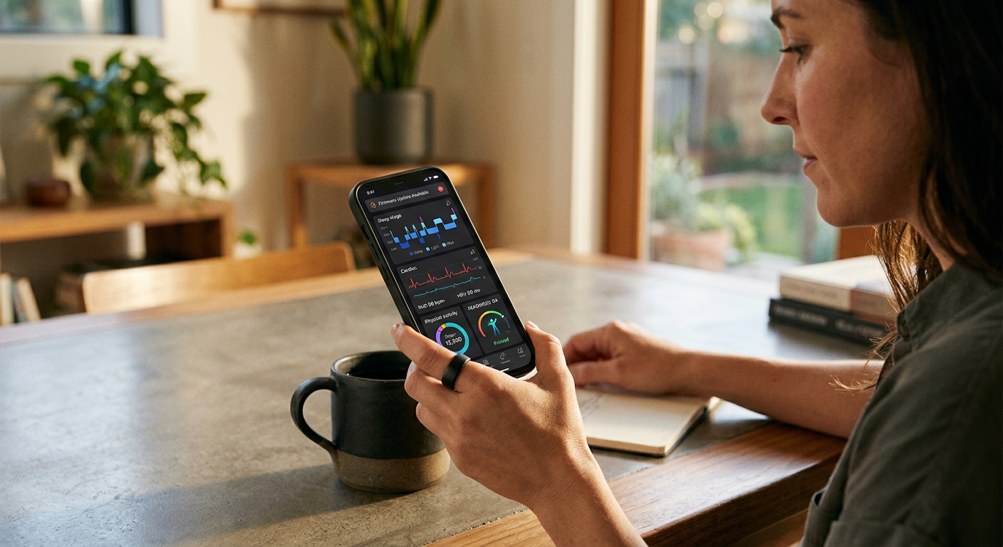 A person wearing a sleek smart ring holds a smartphone displaying detailed health, sleep, and recovery metrics.