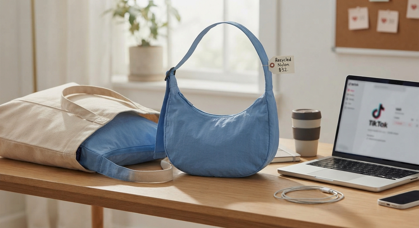 A light blue crescent bag stands next to an open beige tote on a wooden desk. A laptop shows the TikTok logo, and a tag reads "Recycled Nylon $52".