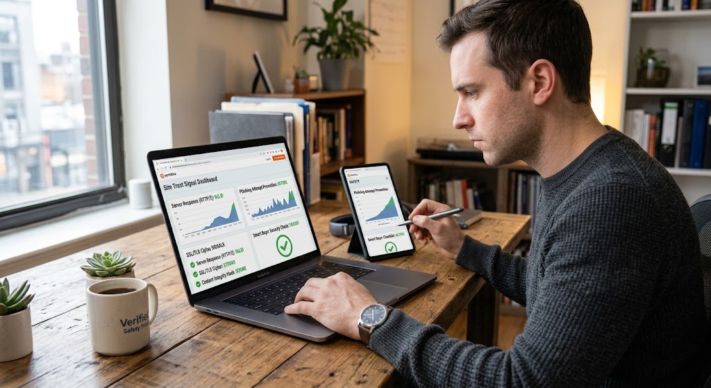 A person at a desk checking website safety trust signals on both laptop and mobile screens.