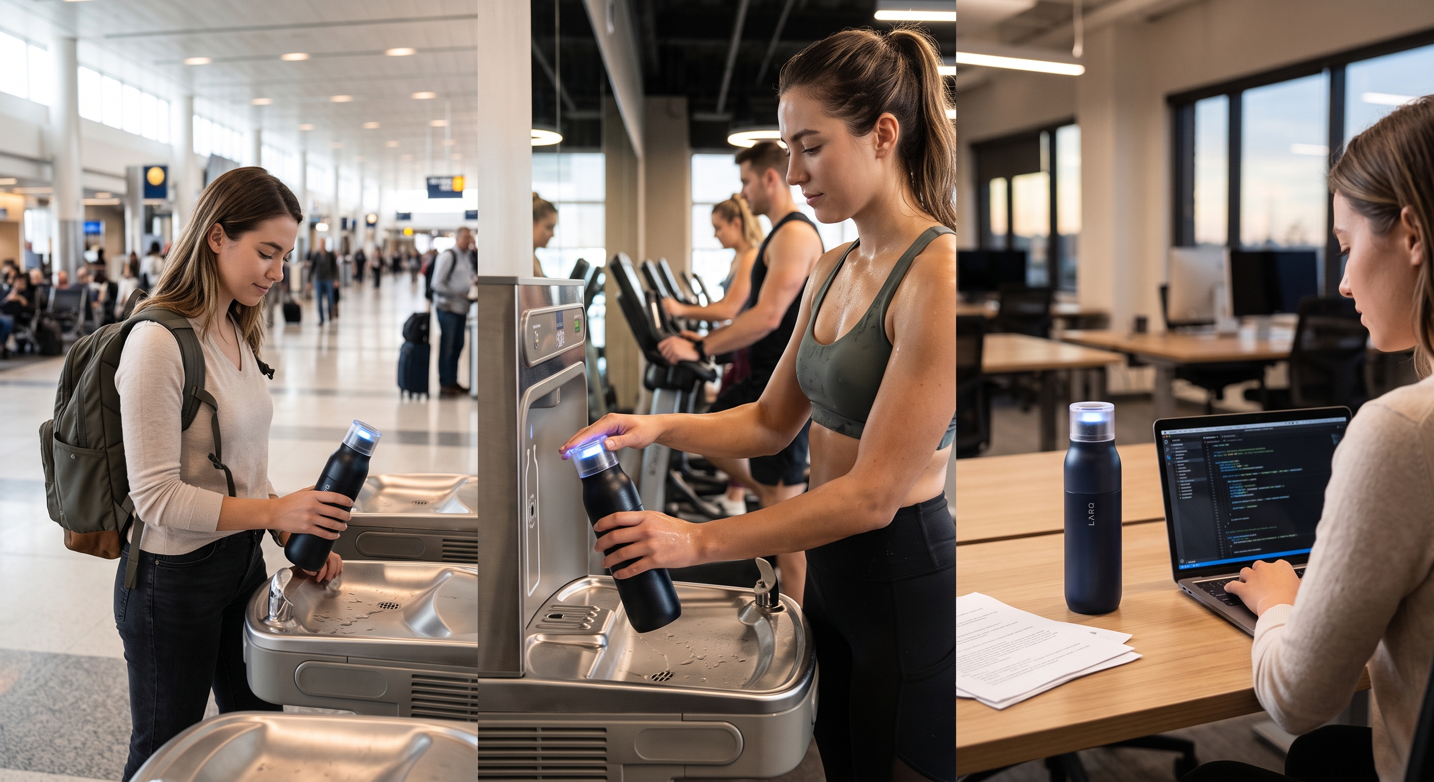 Three photos show a woman in different places: an airport, a gym filling her water bottle, and an office with a laptop.