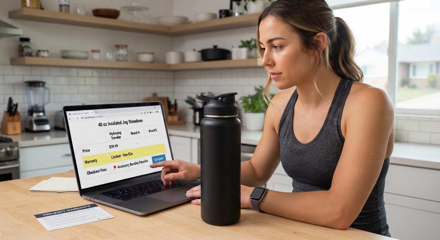 A woman in workout clothes sits at a kitchen counter with a laptop, pointing at a price comparison table for water bottles.