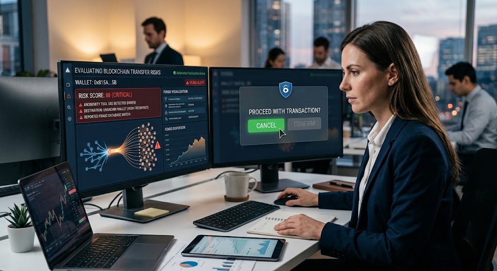 A professional uses security software to analyze critical blockchain transfer risks and block a fraudulent payment.
