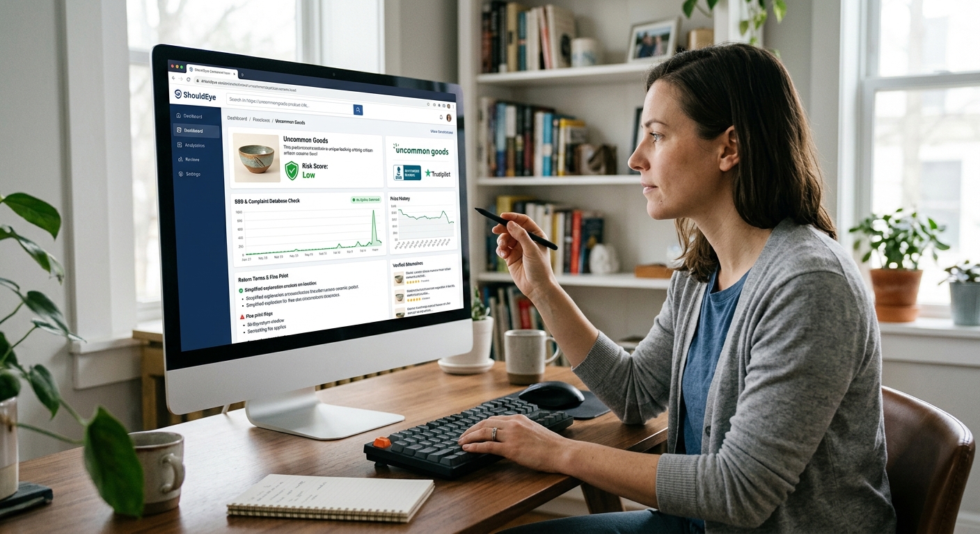 A woman sits at a desk analyzing a ShouldEye dashboard on her monitor, which displays risk scores and consumer data.