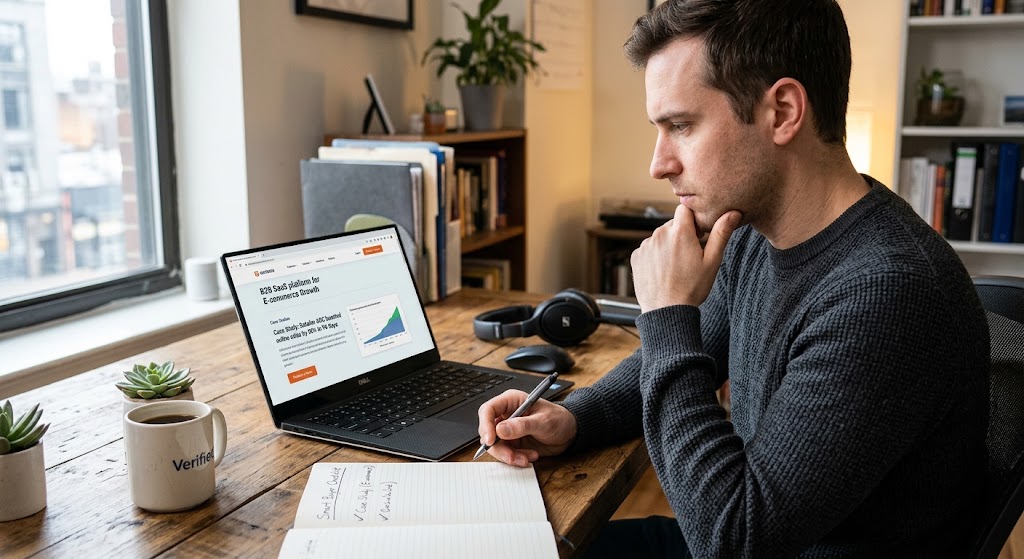 A man at a wooden desk with a laptop, looking at an e-commerce growth chart and writing in a notebook, focused on analytics.