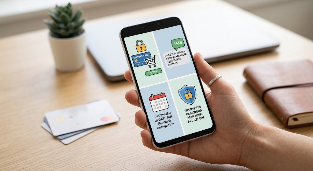 A person holding a phone displaying virtual card security, alert settings, password updates, and an encrypted manager.