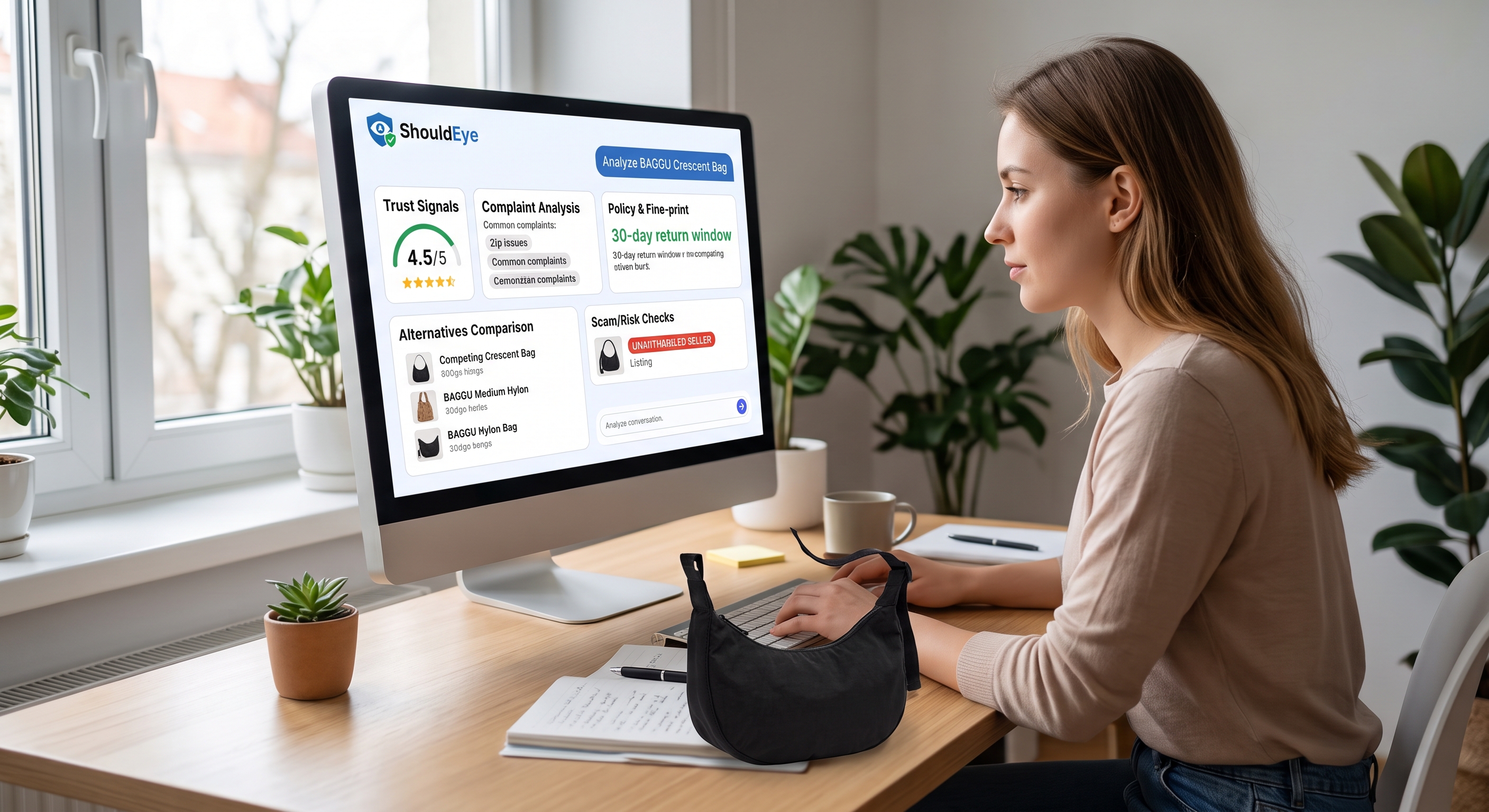A woman in an office uses ShouldEye to check for risk and trust signals on a crescent bag from an online seller.