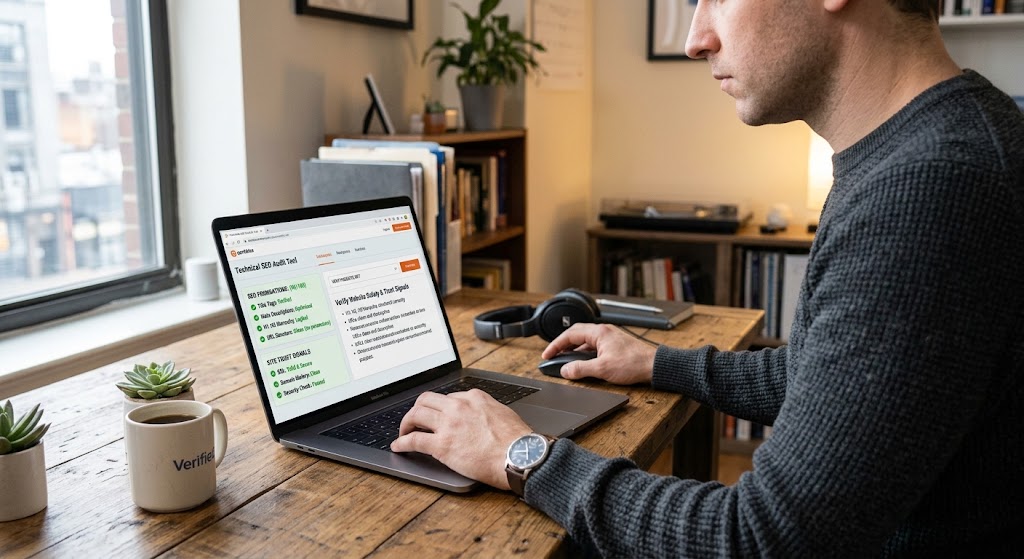 A person using a laptop to review technical SEO foundations and site trust signals on a webpage at a wooden desk.
