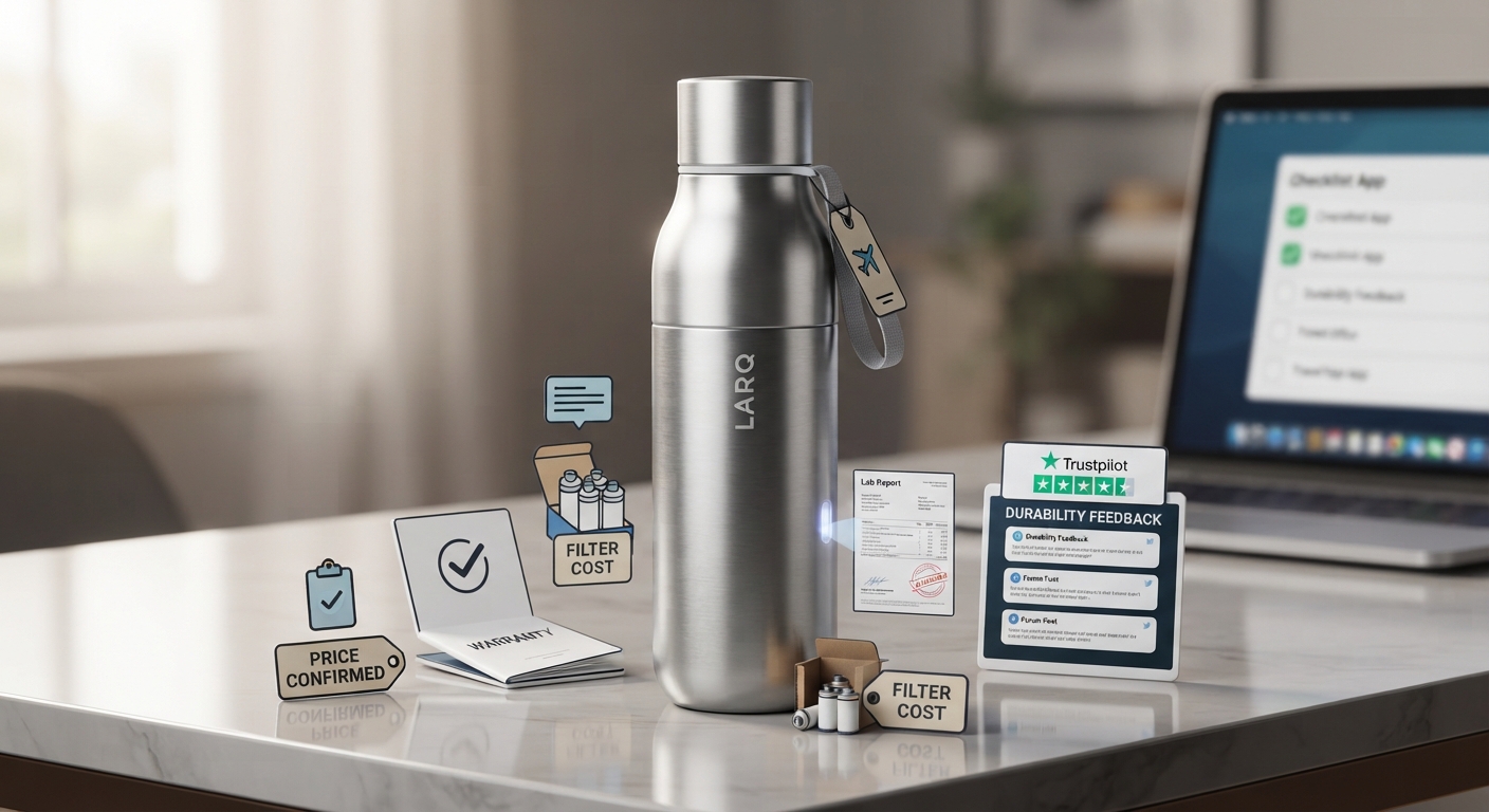 A silver LARQ bottle stands on a desk surrounded by floating AR-style icons showing price, warranty, filters, lab results, and reviews.
