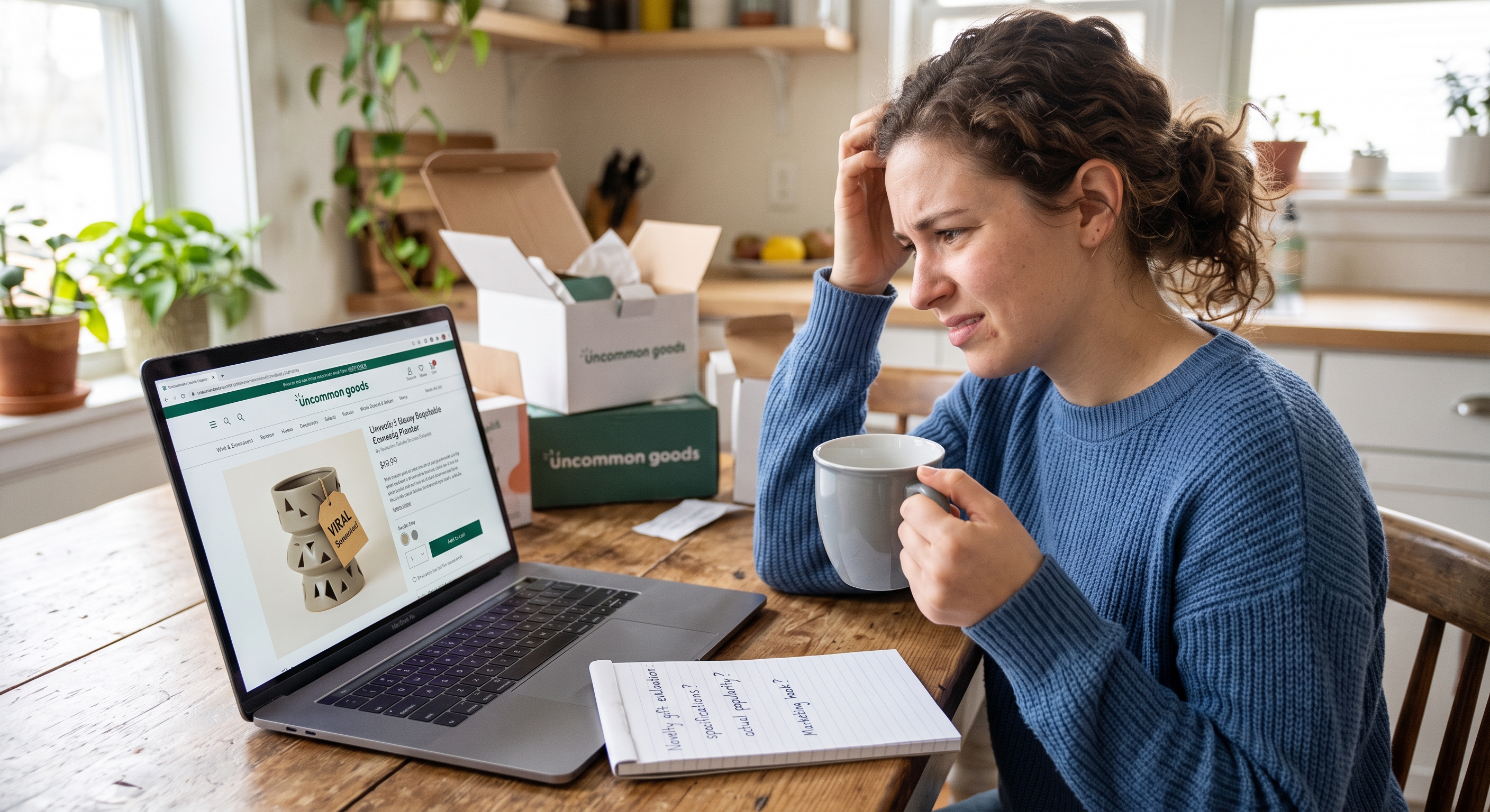 A woman sits at a table scratching her head in confusion. She is looking at an Uncommon Goods webpage on her laptop.