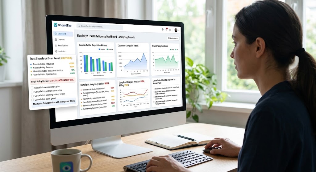 Woman at a computer desk analyzing Guardio trust signals, complaint trends, and policies on the ShouldEye dashboard.