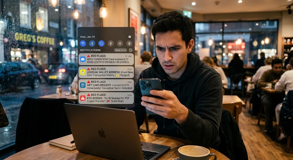 A concerned man looks at urgent crypto scam red flag warnings on his smartphone while sitting at a coffee shop table.