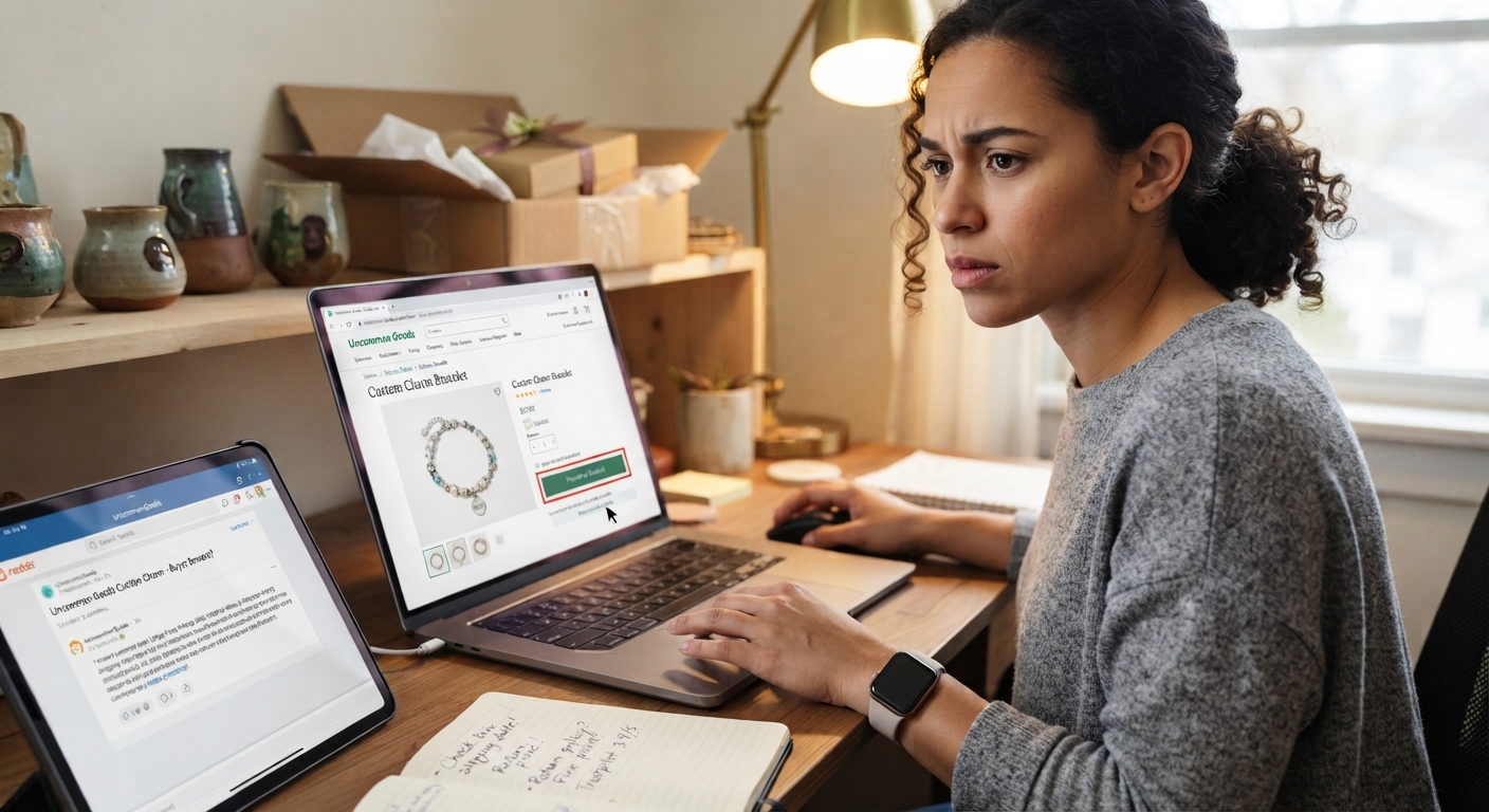 A woman with curly hair sits at a desk with a concerned expression, looking at a laptop displaying an online jewelry store.