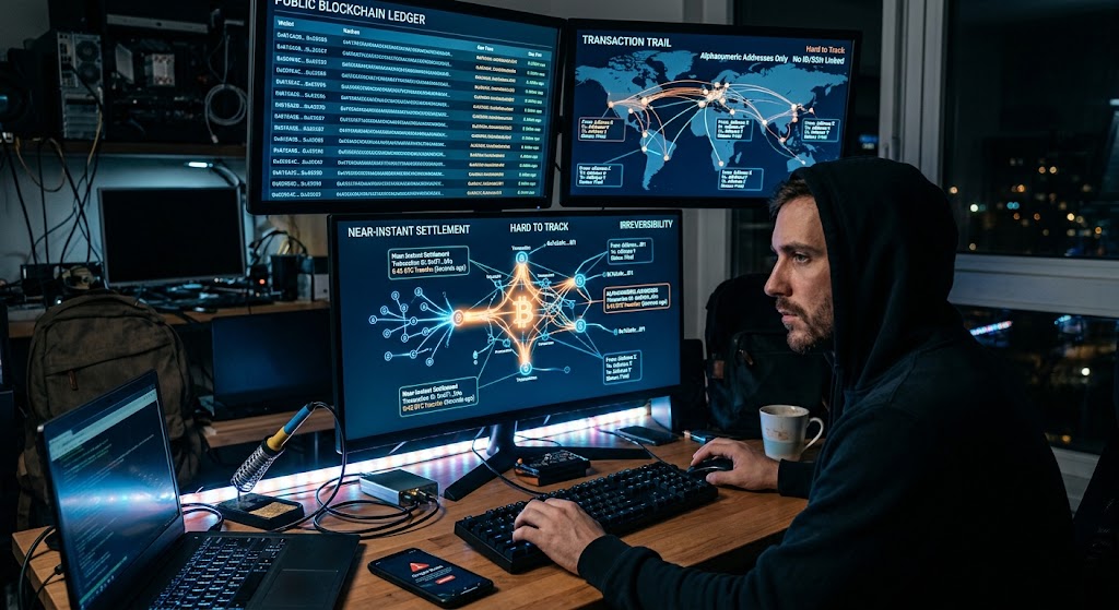 A hooded individual sits at multiple computer screens displaying cryptocurrency transactions, blockchain networks, and data analytics.