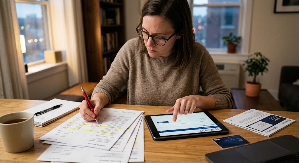 A focused woman compares paper financial statements with a tablet digital banking app to review transaction history.