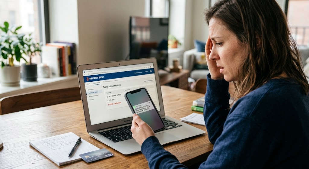 A concerned woman sits at a table with a laptop showing bank transactions while holding a phone displaying a alert.