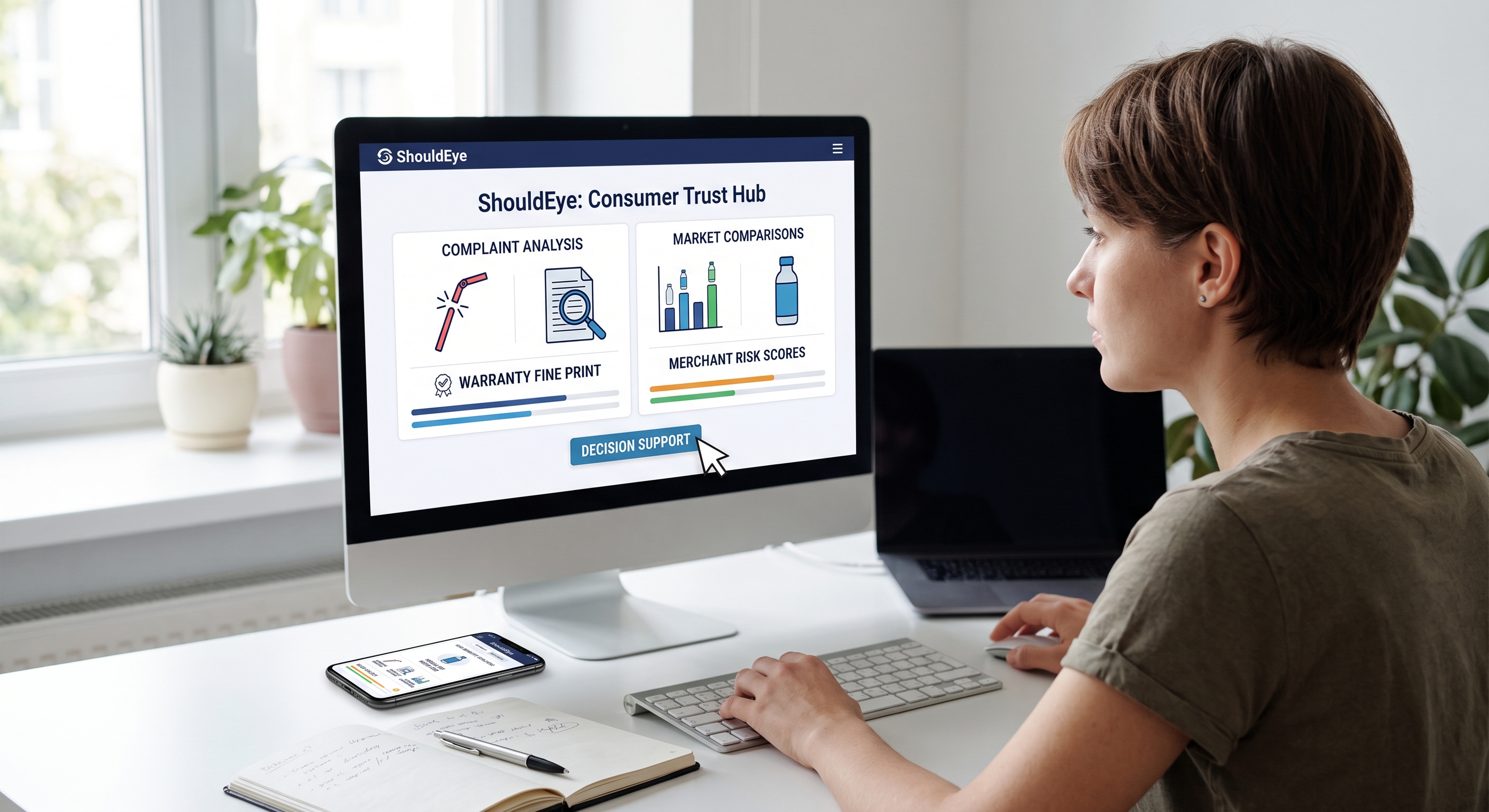 A woman works at a computer in a home office, analyzing consumer data on a dashboard titled 'ShouldEye: Consumer Trust Hub'.
