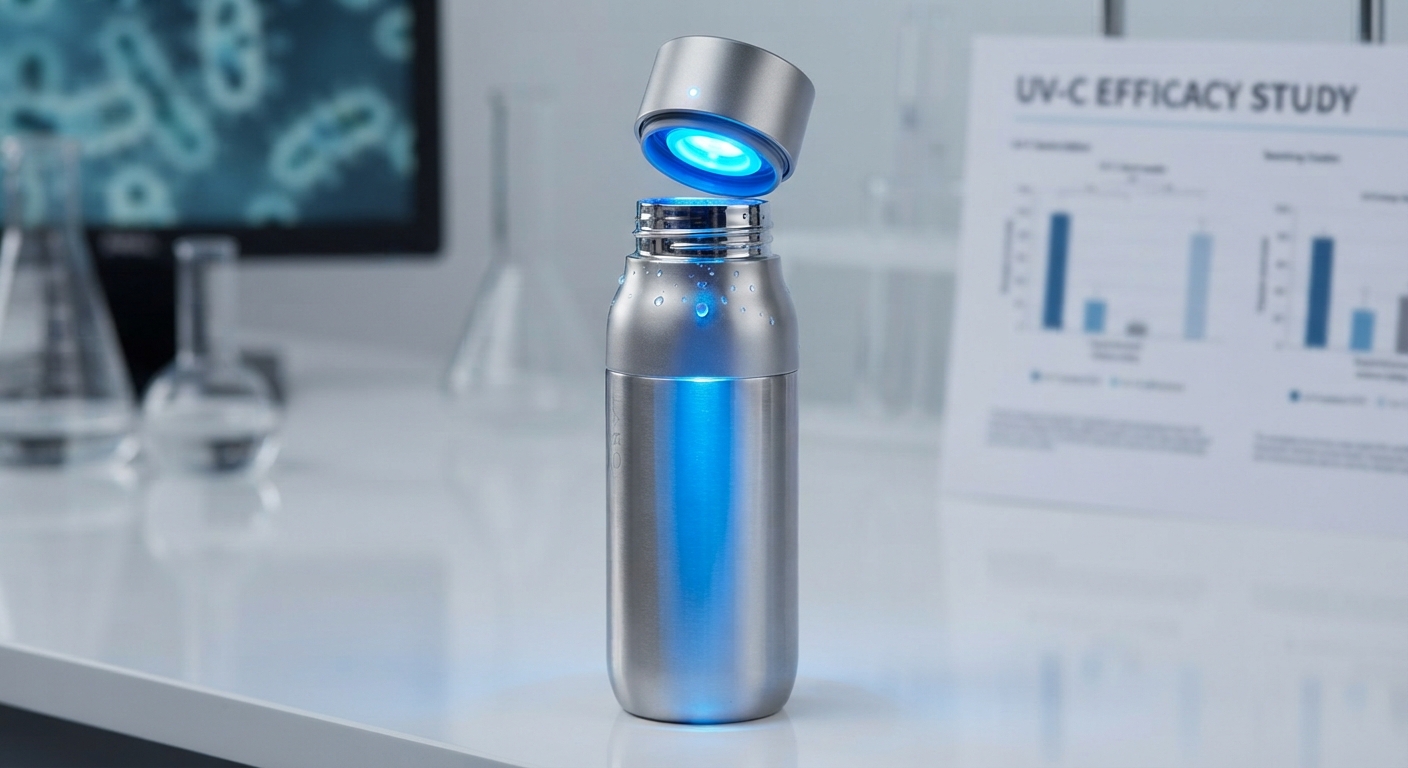 A stainless-steel water bottle with an open cap glowing blue with UV-C light in a laboratory setting.