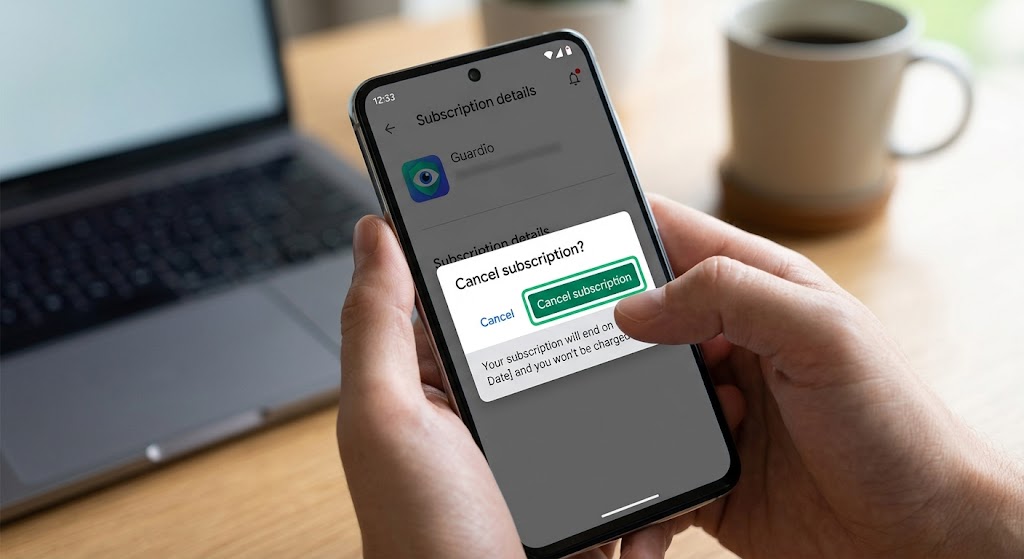 Hands holding a smartphone with the Google Play Store open, confirming the cancellation of a Guardio subscription.