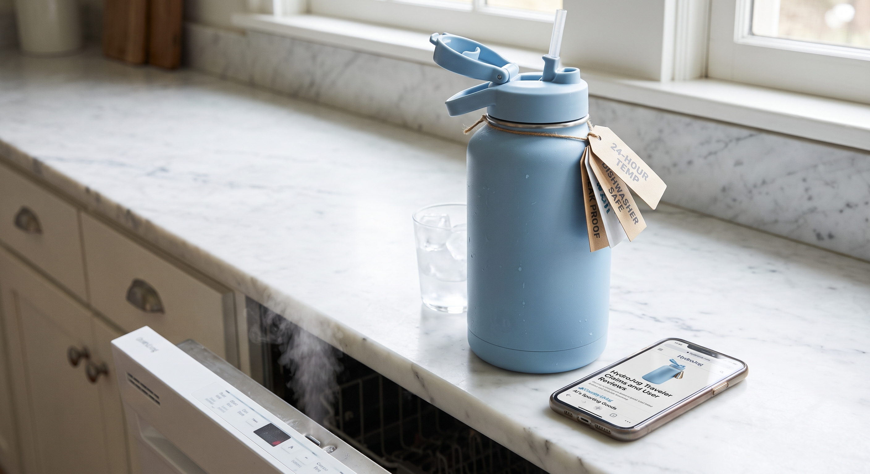 A dusty blue insulated water jug with a flip-straw lid sits on a kitchen counter next to a open dishwasher and phone.
