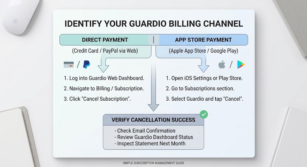 A flowchart infographic shows how to cancel a Guardio subscription via direct payment on the web or an app store.