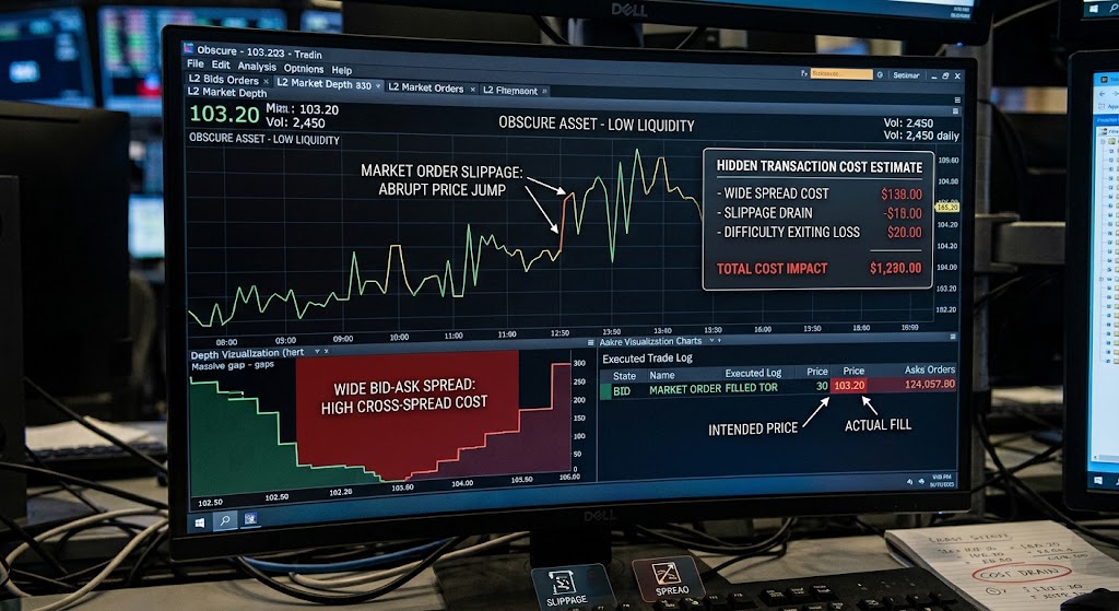 Financial monitor illustrating hidden costs in thin markets, showing wide bid-ask spreads, slippage, and price jumps.