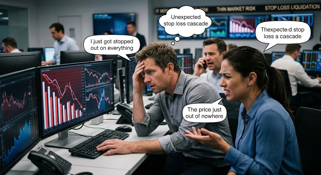 Traders at computer monitors look stressed as sharp stock price drops trigger cascading stop-loss liquidations.