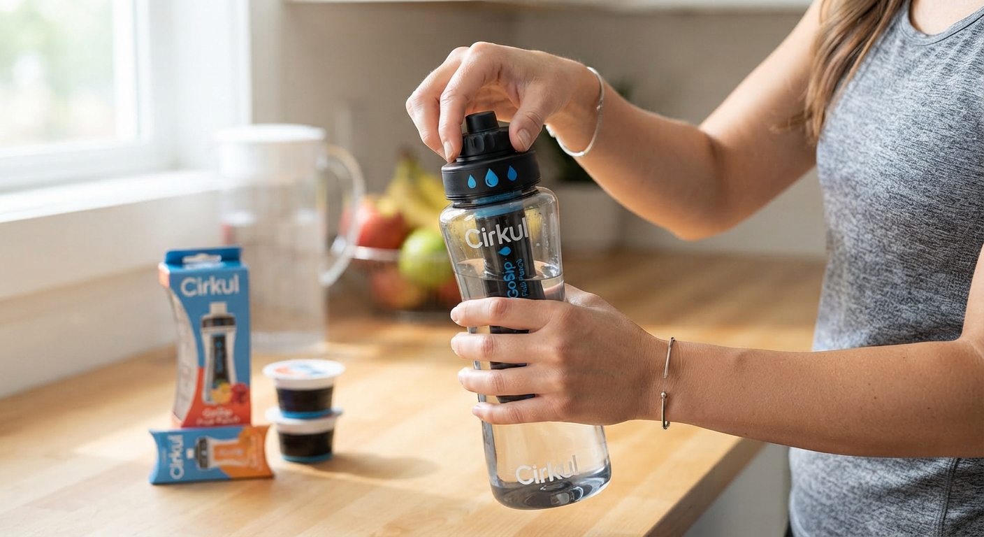 A person holds a clear Cirkul water bottle with a black flavor cartridge inside. Cirkul flavor pods are visible on a kitchen counter.