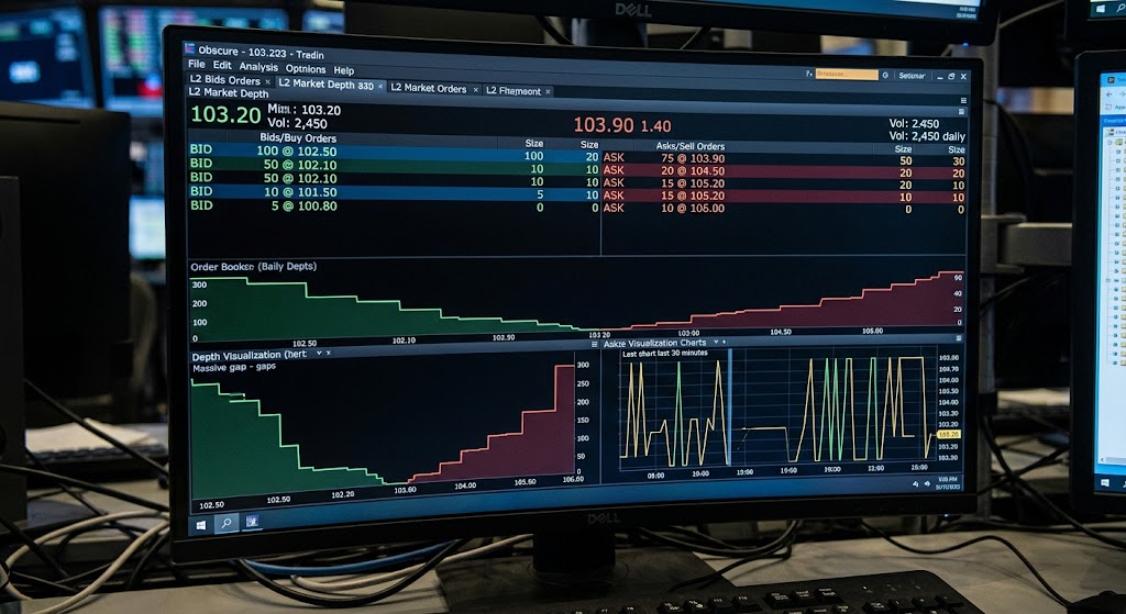A trading monitor displays a thin market order book with wide bid-ask spreads, low order volume, and shallow depth.
